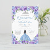 Blue and Purple Roses & Silver Tiara Quinceanera Invitation (Standing Front)