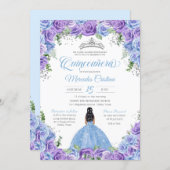 Blue and Purple Roses & Silver Tiara Quinceanera Invitation (Front/Back)