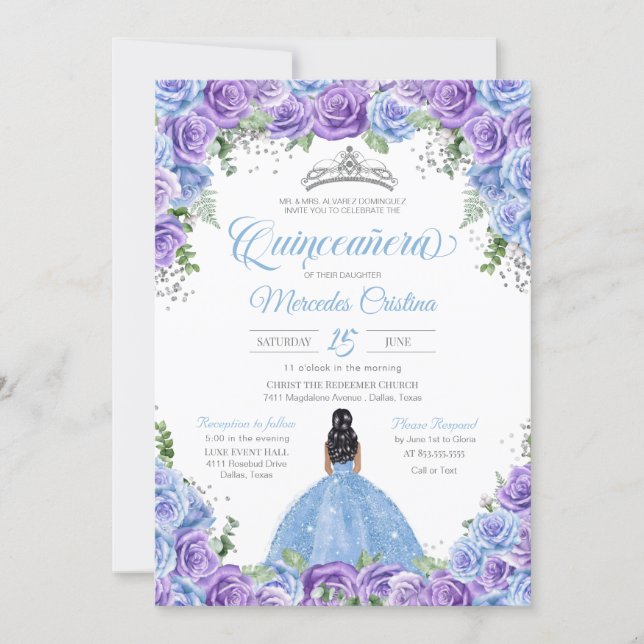 Blue and Purple Roses & Silver Tiara Quinceanera Invitation (Front)