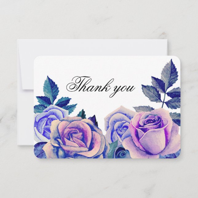 Blue and purple roses thank you. Floral wedding You Card (Front)