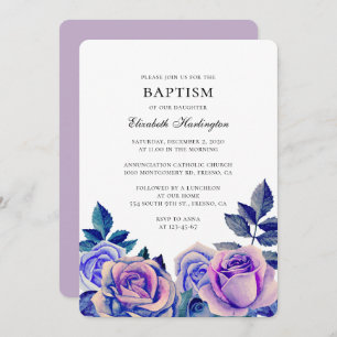 Blue and purple roses. Watercolor floral baptism Invitation