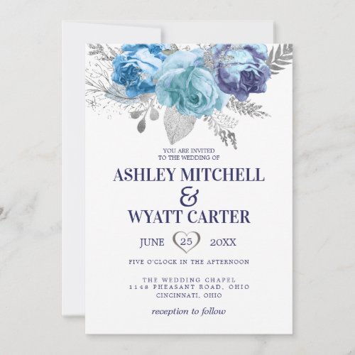 Blue And Purple Roses Wedding Invitation