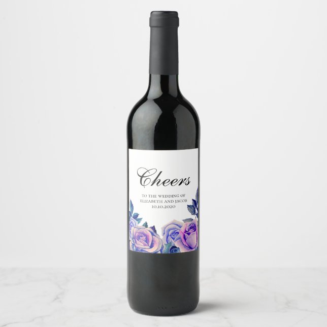 Blue and purple roses wine label. Cheers wedding Label (Front)