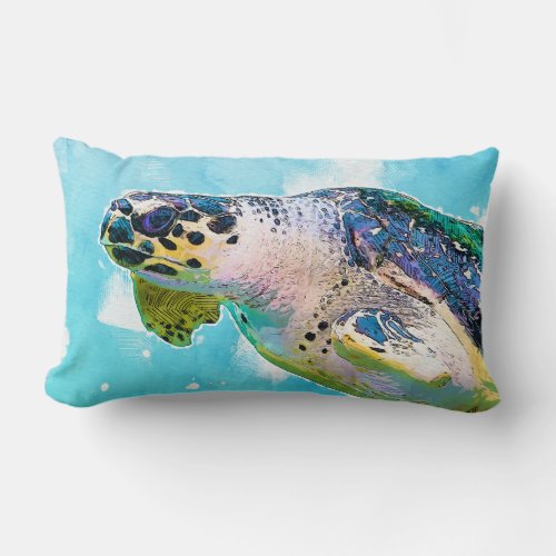 Blue and Purple Sea Turtle Faux Watercolor Lumbar Pillow