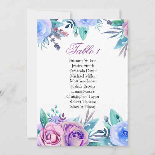 Blue and purple seating chart Floral wedding plan Invitation