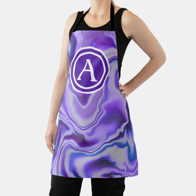 Blue and Purple Silky Marble Monogram Letter Apron (Insitu)