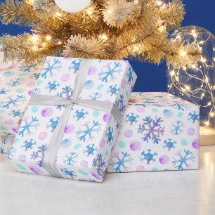 Blue and Purple Snowflakes Modern White Christmas Wrapping Paper