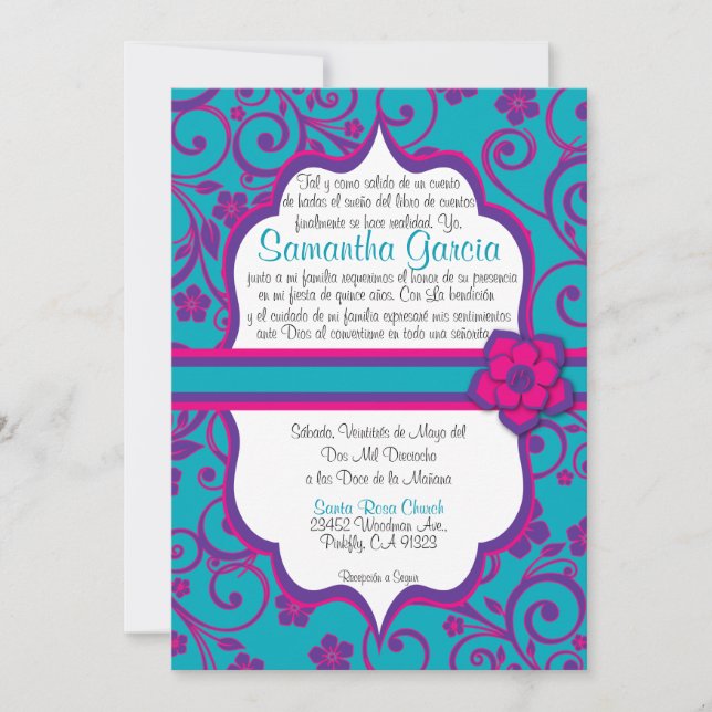 Blue and Purple Spanish Quinceañera Invitation (Front)