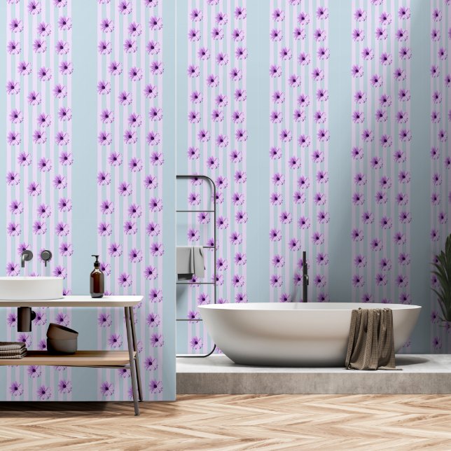 blue and purple striped daisy pattern wallpaper  (Bathroom)