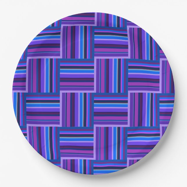Blue and purple stripes weave pattern paper plates (Front)