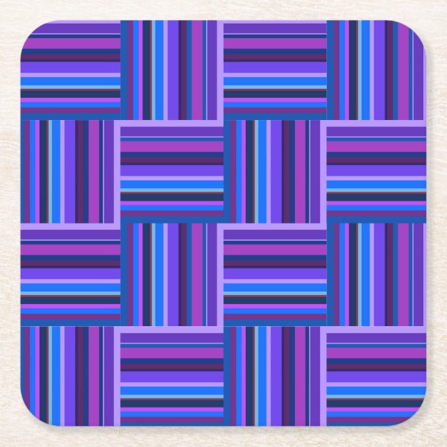 Blue and purple stripes weave pattern square paper coaster (Front)