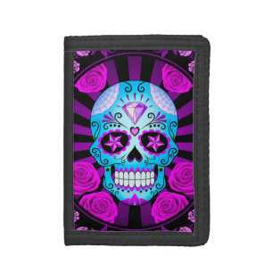 Blue and Purple Sugar Skull with Roses Poster Tri-fold Wallet