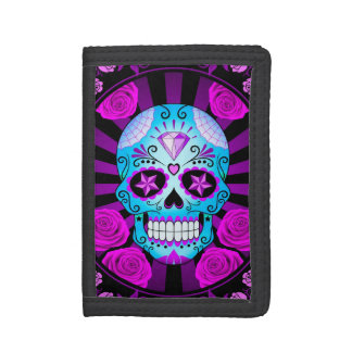Blue and Purple Sugar Skull with Roses Poster Tri-fold Wallet