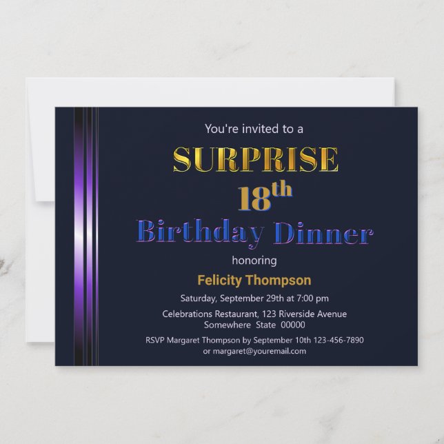 Blue and Purple Surprise 18th Birthday Dinner Invitation (Front)