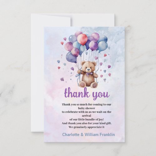 blue and purple teddy bear balloons baby shower thank you card