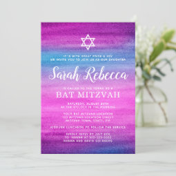 Blue and purple watercolor bat mitzvah invitation | Zazzle