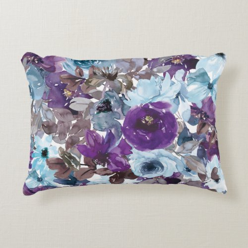 Blue and Purple Watercolor Floral Accent Pillow