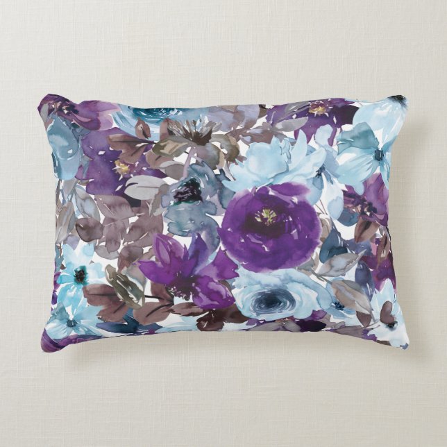 Blue and Purple Watercolor Floral Accent Pillow (Front)
