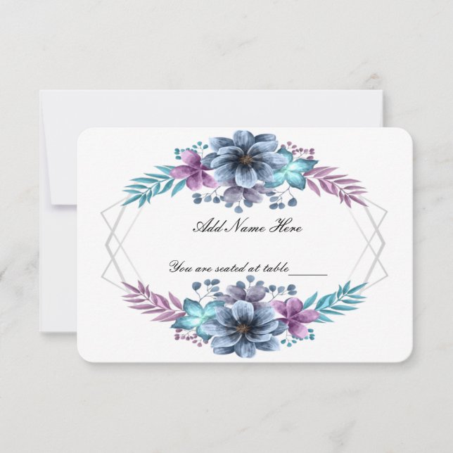 Blue And Purple Watercolor Floral Table Place Card (Front)