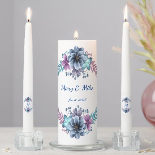 Blue And Purple Watercolor Floral Wedding Unity Candle Set