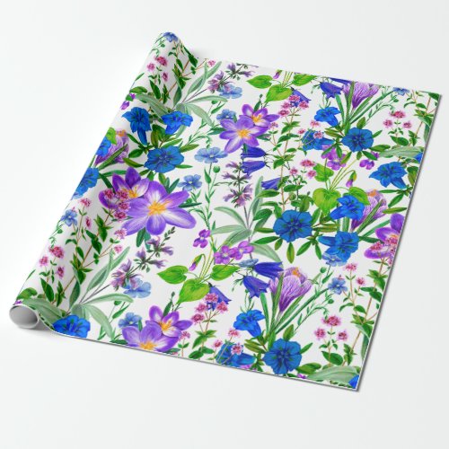 Blue and Purple Watercolor Garden Flowers   Wrapping Paper