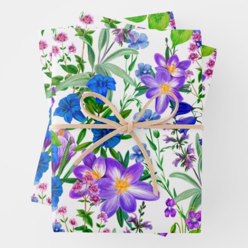 Blue and Purple Watercolor Garden Flowers  Wrapping Paper Sheets