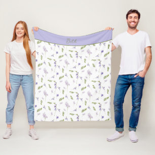 Blue and Purple Watercolor Wildflower Monogram  Fleece Blanket