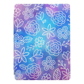 Blue and Purple Watercolor with Doodled Flowers iPad Pro Cover
