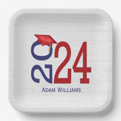 Blue and Red 2024 Graduation On Wood Paper Plates