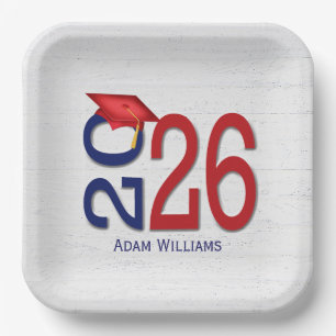 Blue and Red 2026 Graduation On Wood Paper Plates
