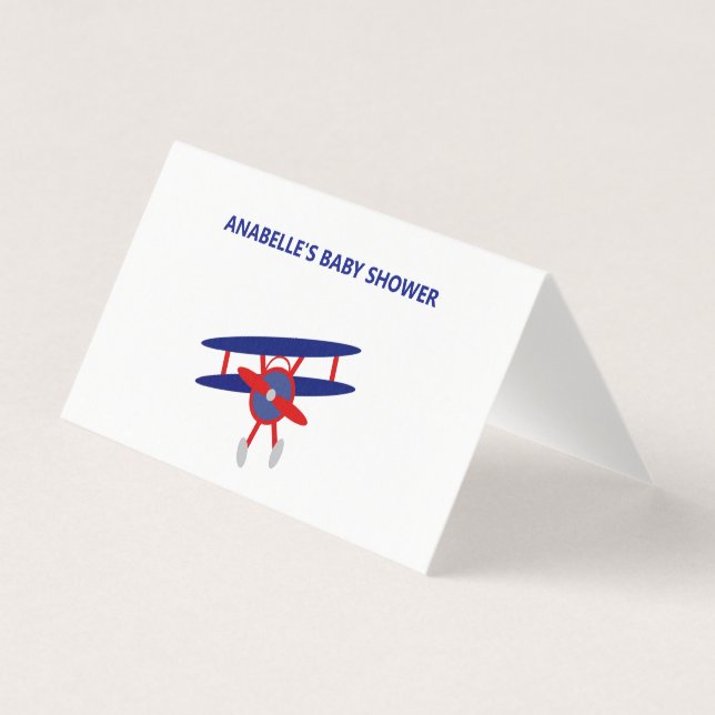 Blue and Red Airplane Baby Shower Place Card (Front)
