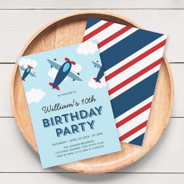 Blue and Red Airplane Birthday Party Invitation (Creator Uploaded)