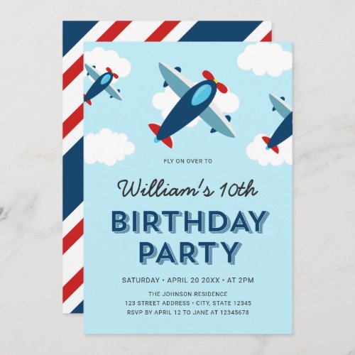 Blue and Red Airplane Birthday Party Invitation