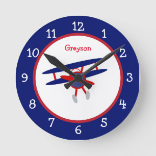 Blue and Red Airplane Children's Personalized Round Clock