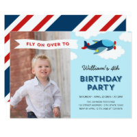 Blue and Red Airplane Photo Birthday Party Invitation