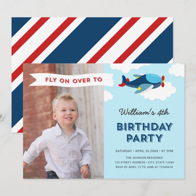 Blue and Red Airplane Photo Birthday Party Invitation (Front/Back)