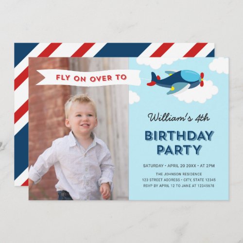 Blue and Red Airplane Photo Birthday Party Invitation