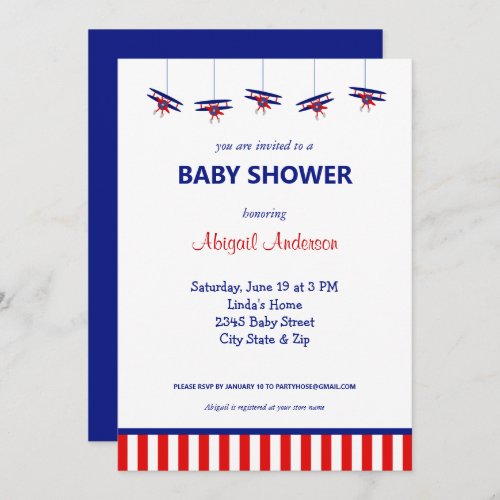 Blue and Red Airplane Striped Baby Shower Invitati Invitation