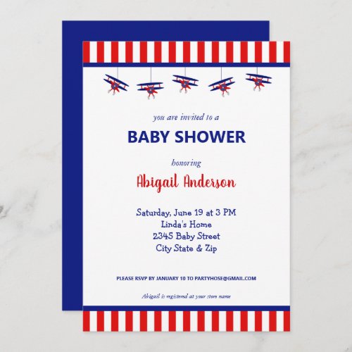 Blue and Red Airplane Striped Baby Shower Invitation