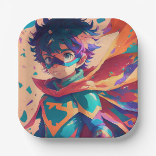 Blue and Red Anime Superhero Boy Paper Plates