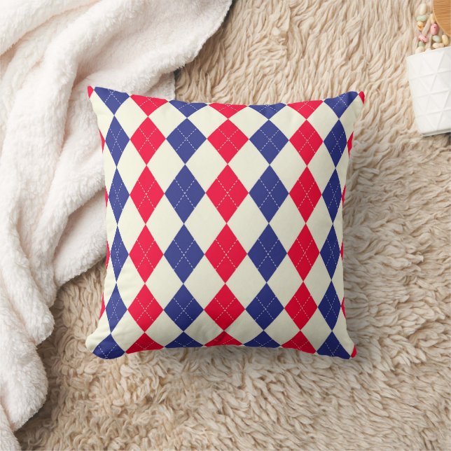 Blue And Red Argyle Printed Throw Pillow (Blanket)