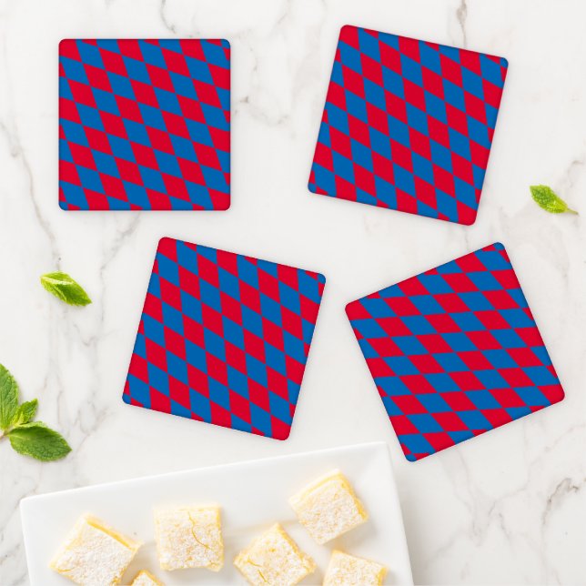 Blue and Red Bavaria Diamond Flag Pattern Coaster Set (In Situ)