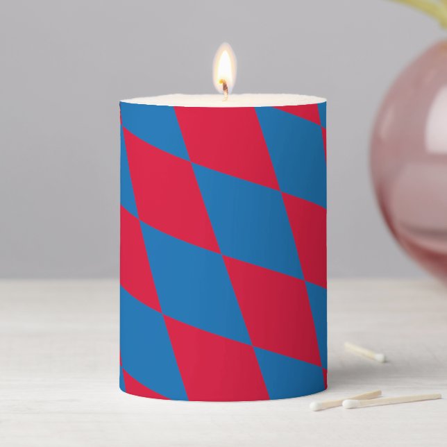Blue and Red Bavaria Diamond Flag Pattern Pillar Candle (In Situ)
