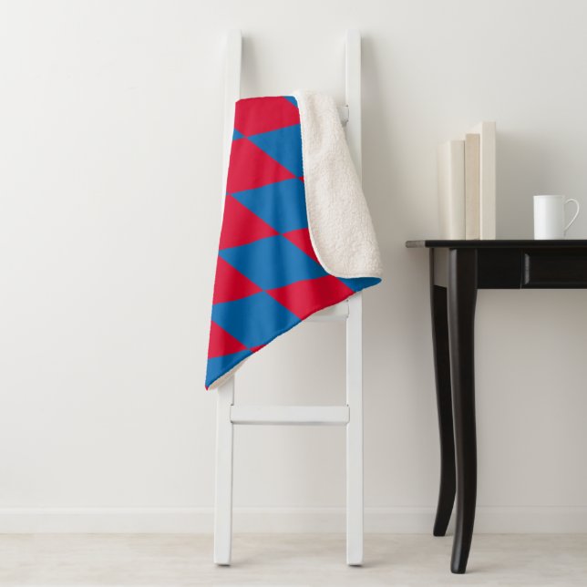 Blue and Red Bavaria Diamond Flag Pattern Sherpa Blanket (In Situ)