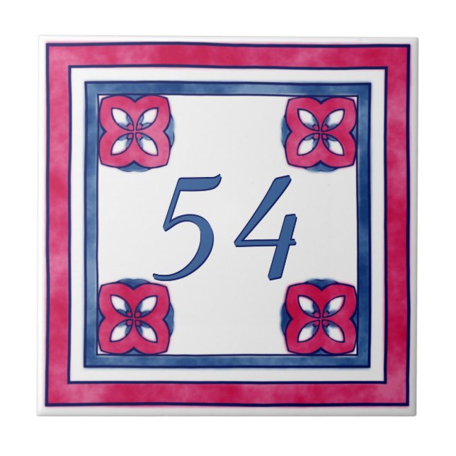 Blue and Red Big House Number Ceramic Tile (Front)