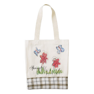 Blue and red butterflies and flowers... zazzle HEART tote bag