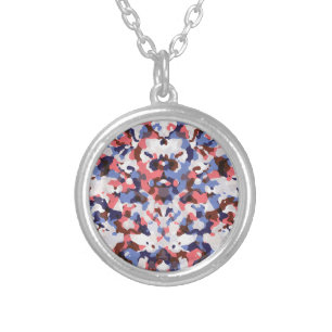 Blue and red camouflage pattern silver plated necklace