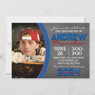 Blue and Red Chalkboard Graduation Invitation