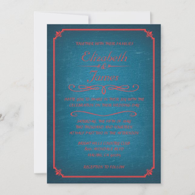 Blue and Red Chalkboard Wedding Invitations (Front)
