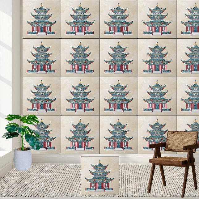 Blue and Red Chinese Pagoda Chinoiserie Temple Art Ceramic Tile (Blue and Red Chinese Pagoda Chinoiserie Temple Art Ceramic Tile)